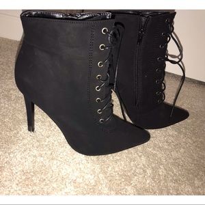 Black Pointed Lace Up Booties